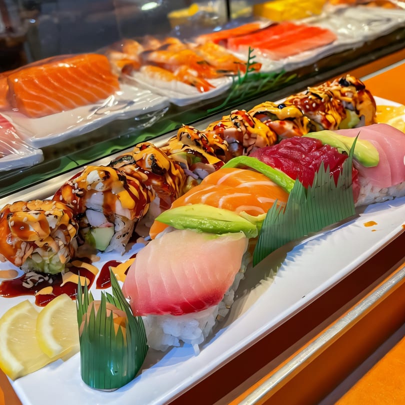 A vibrant platter of House of Japan sushi and sashimi with various toppings and sauces.